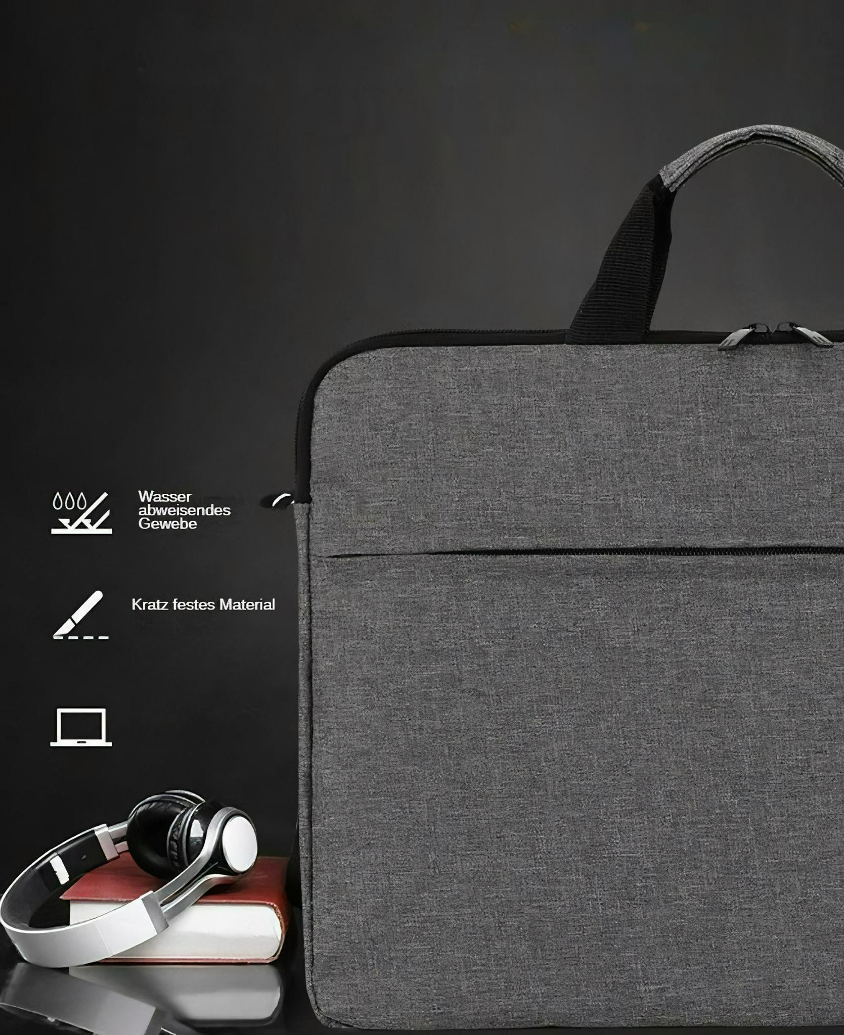 Graue Laptoptasche mit Kopfhörern und einem Buch, die Funktionen wie Wasser- und Kratzfestigkeit hervorhebt.