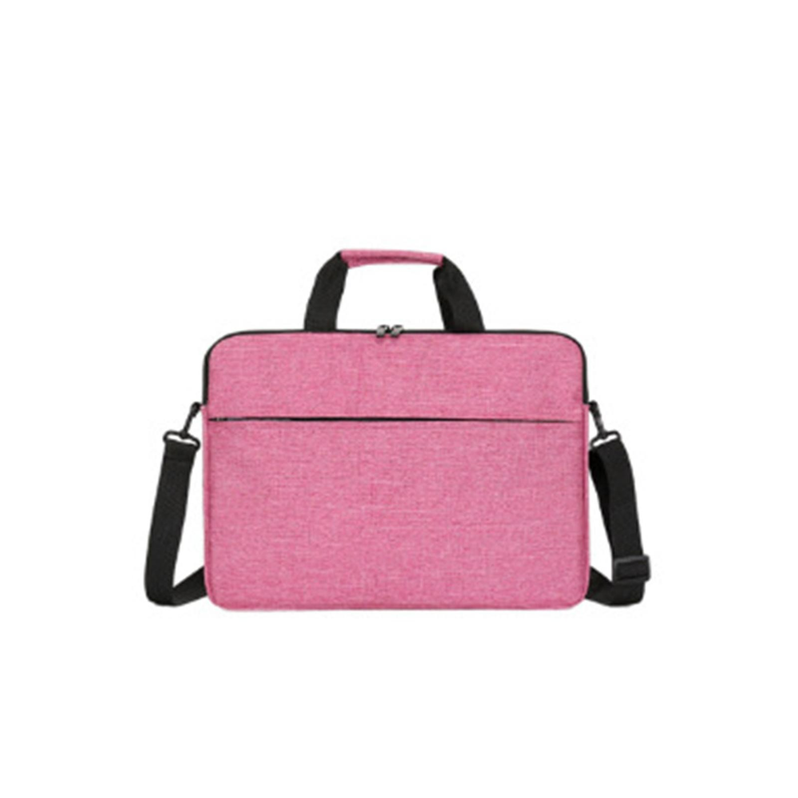 Eine rosa Laptoptasche mit schwarzen Griffen und Riemen auf weißem Hintergrund.