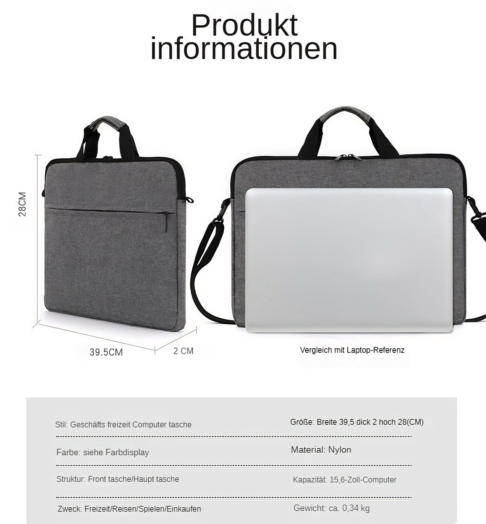 Eine graue Laptoptasche mit Griffen und einem Schultergurt mit Laptop-Abmessungen im Hintergrund.