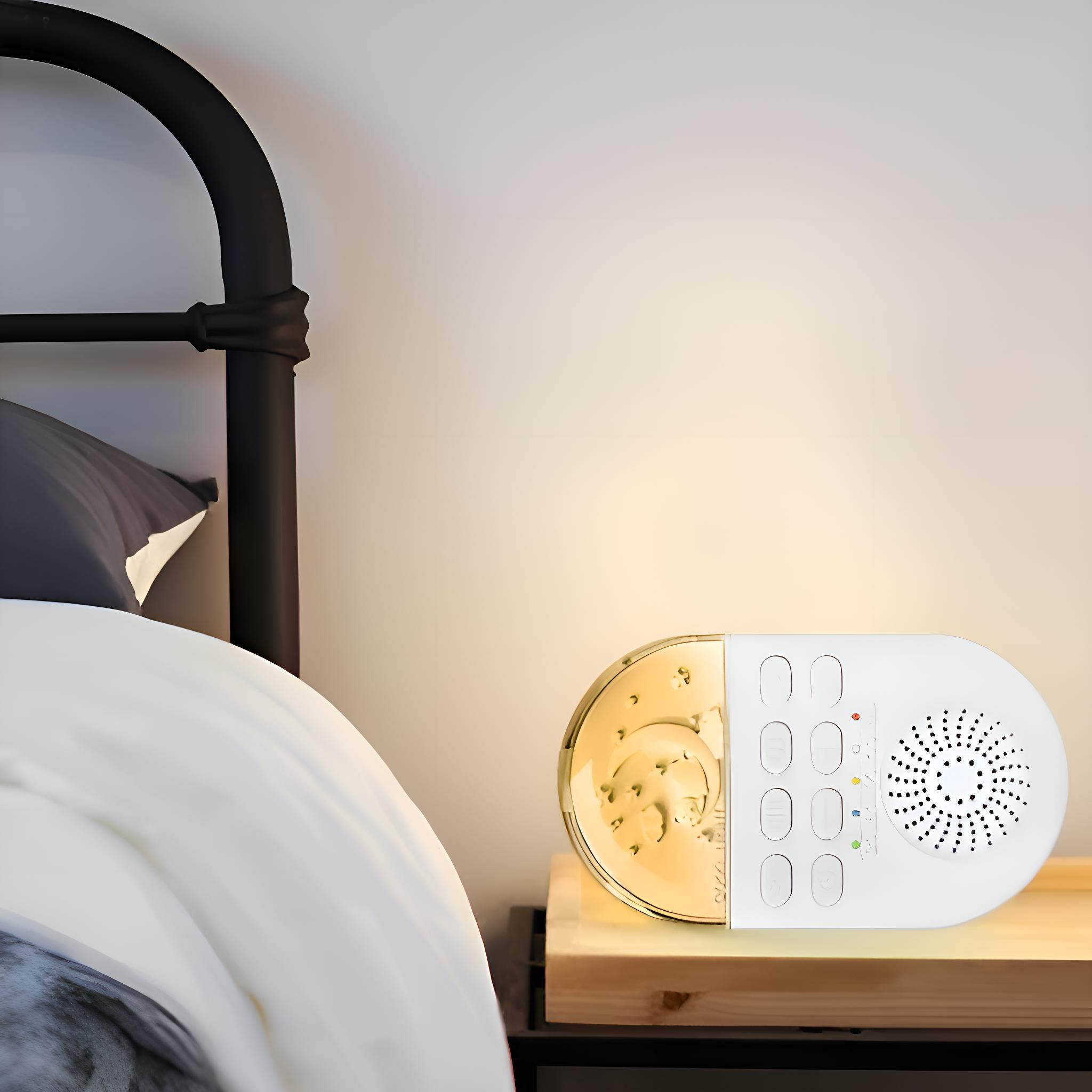 Nachtlicht auf einem Holztisch mit einem weißen Bett und einem schwarzen Kopfteil im Hintergrund. Die Lampe ist weiß mit gelbem Oberteil.