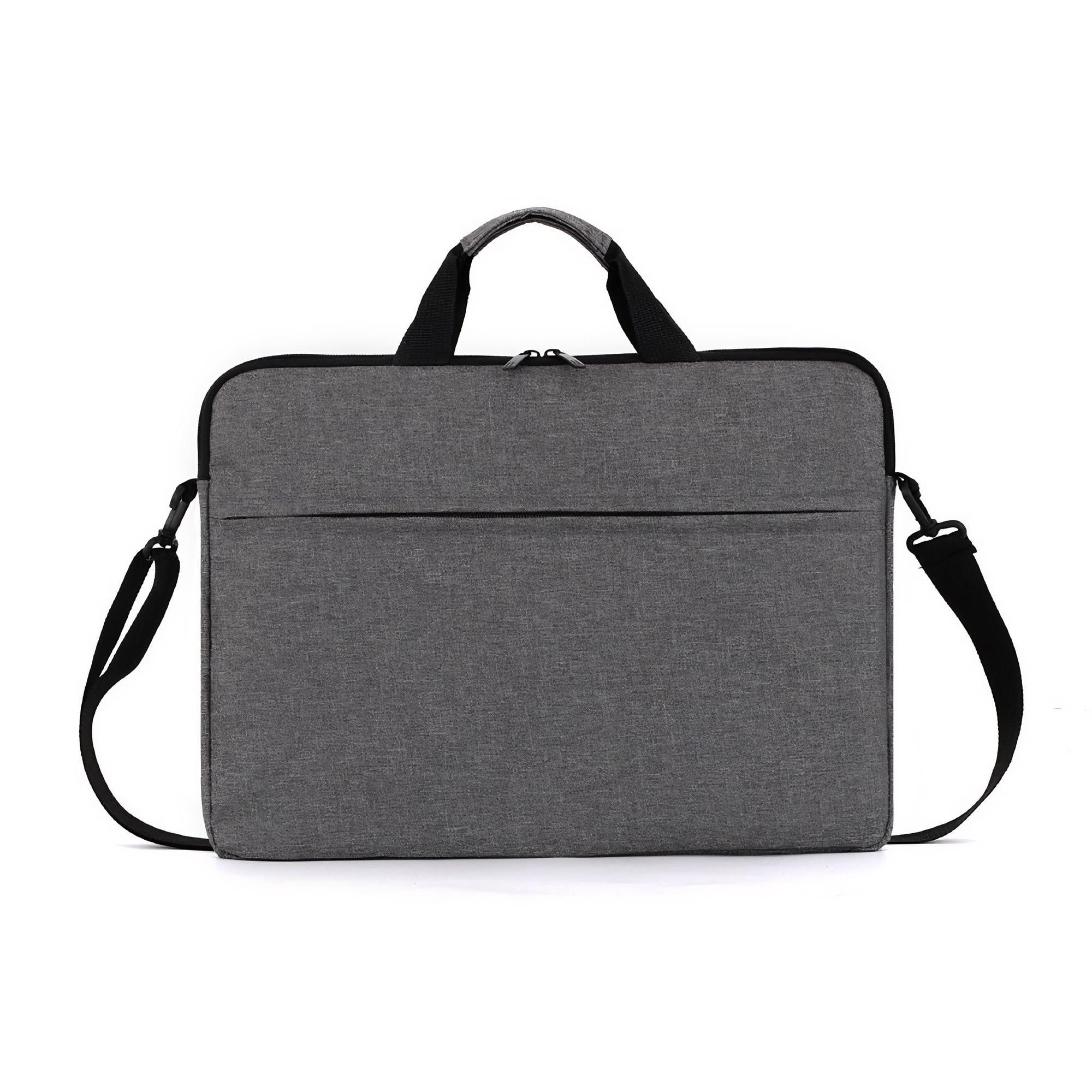 Eine graue Laptoptasche mit Griff, Schultergurt und Reißverschluss.