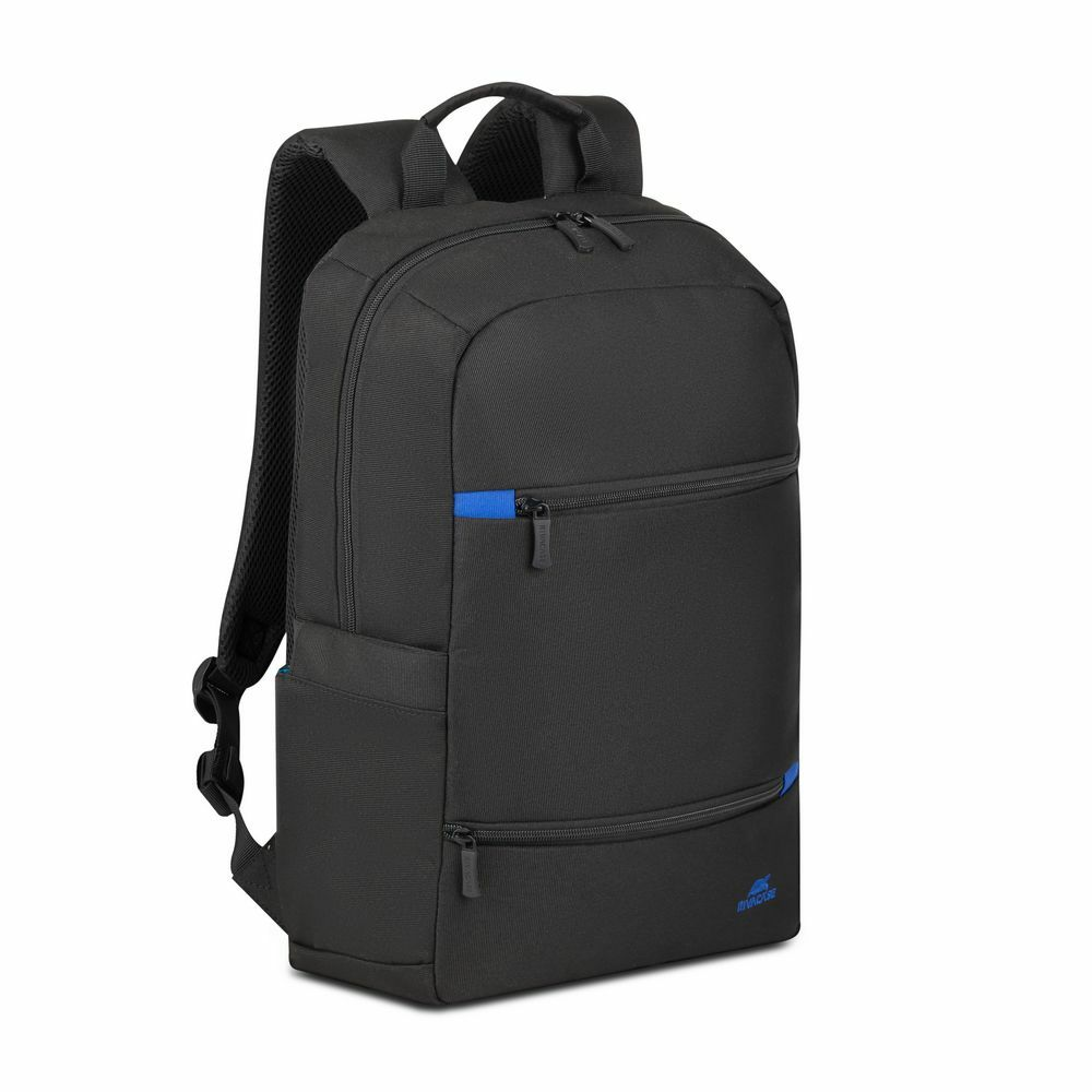 Ein schwarzer Rucksack mit blauen Akzenten, mit Tragegriff, Schultergurten und mehreren Reißverschlussfächern.