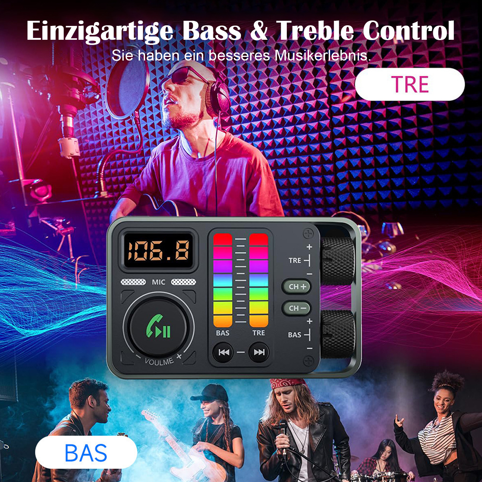 Auto-Audiogerät mit Display und Menschen, die Musik spielen. Das Wort 'TRE' ist beschriftet.