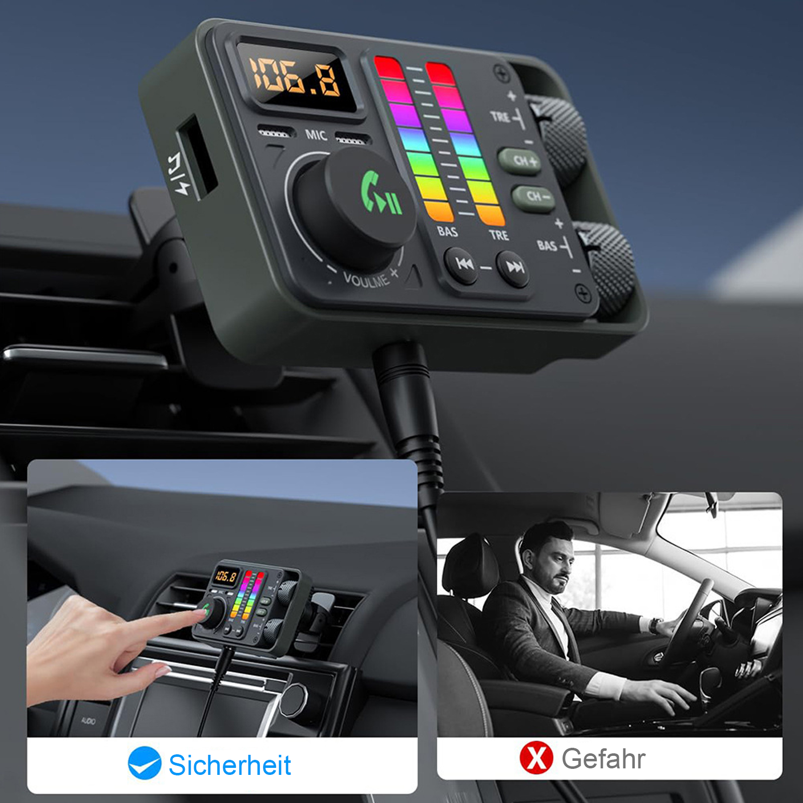 Auto-Audiogerät mit Display, mit einer Sicherheits- und einer Gefahrenillustration.