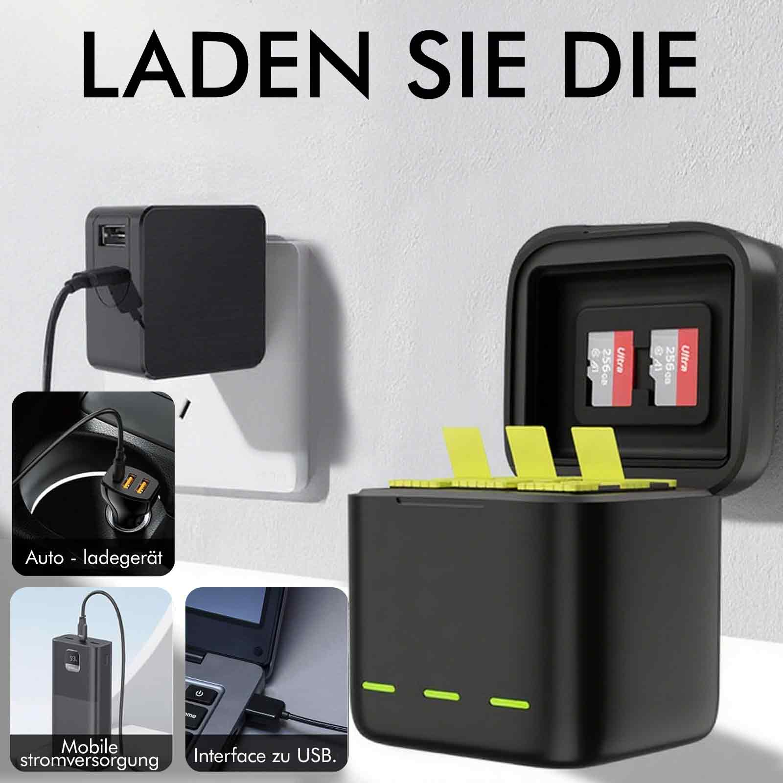 Schwarze Ladestation mit SD-Karten, verbunden mit Stromquellen wie Wandsteckern, Autoladegerät und Laptop.