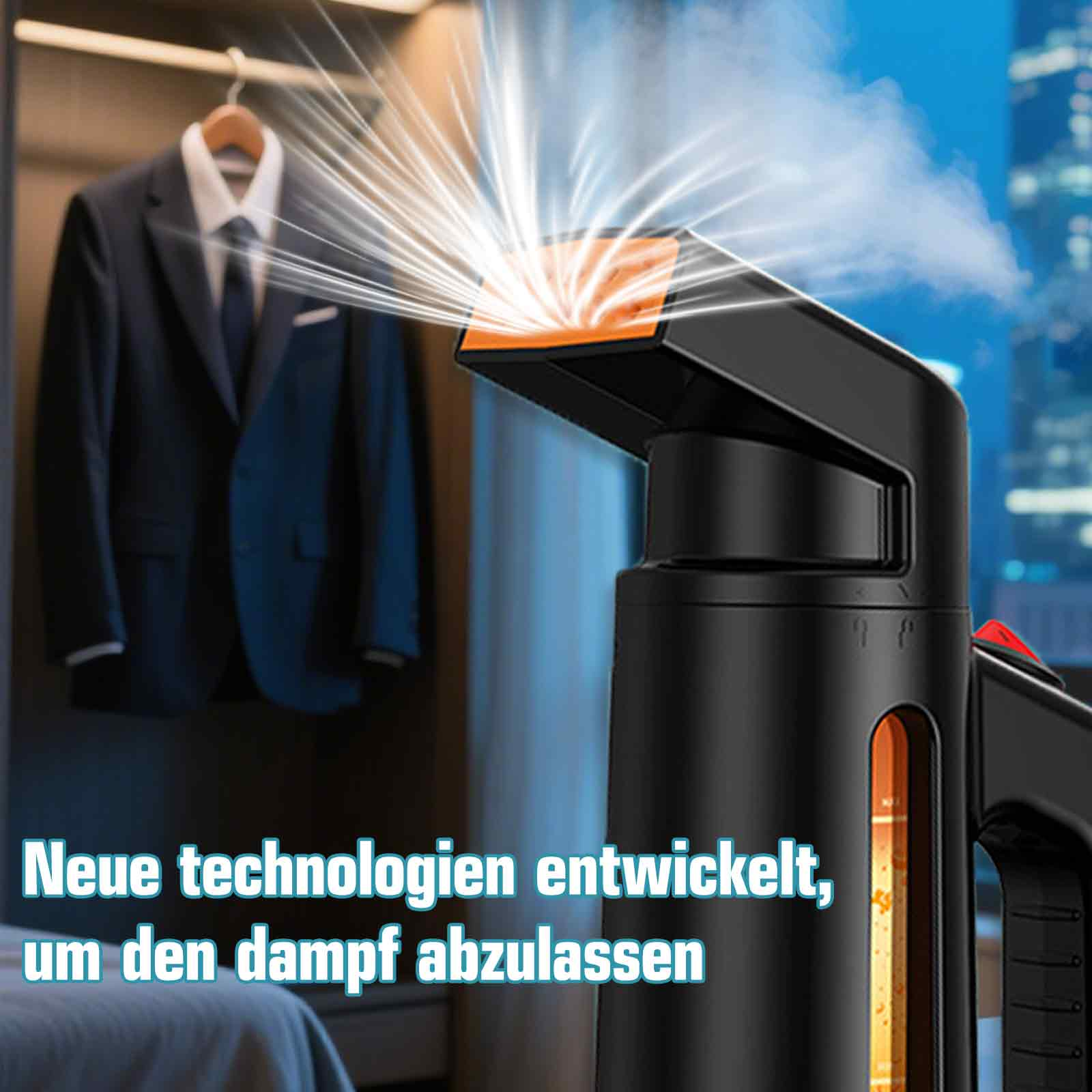 Ein schwarzer Kleidungsdampfer stößt Dampf aus. Im Hintergrund hängt ein Anzug, der auf die Pflege der Kleidung hinweist.