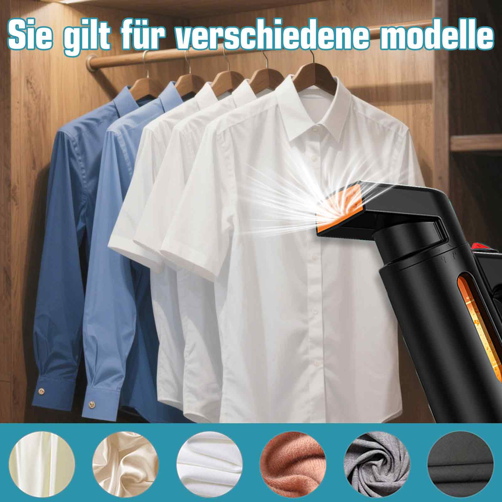 Ein schwarzer Kleidungsdampfer dämpft Hemden in einem Schrank und weist auf seine Verwendung für die Kleiderpflege hin.