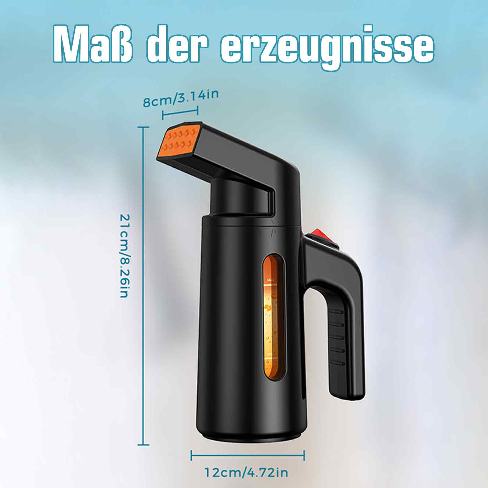 Ein schwarzer Kleidungsdampfer. Das Bild enthält Maßangaben.