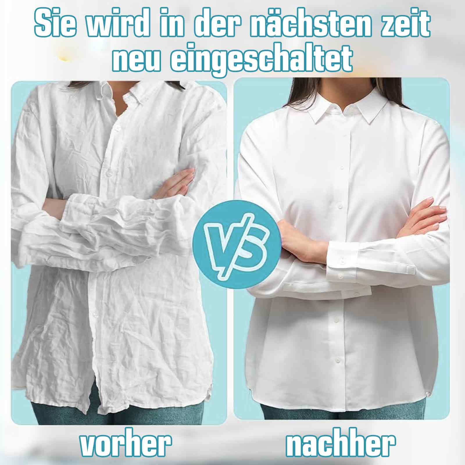 Ein Vorher-Nachher-Bild eines weißen Hemdes. Das Nachher-Bild zeigt ein glattes Hemd.