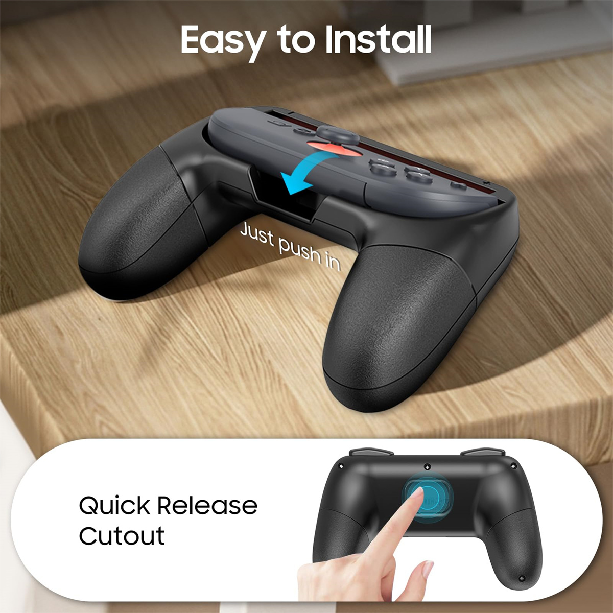 Ein einfach zu installierender Gaming-Controller mit Schnellverschlussaussparung auf einer Holzoberfläche.