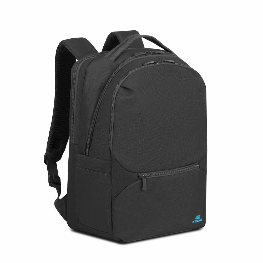 Ein schwarzer Rucksack mit verschiedenen Fächern und Riemen, entworfen zum Tragen eines Laptops und alltäglicher Dinge.