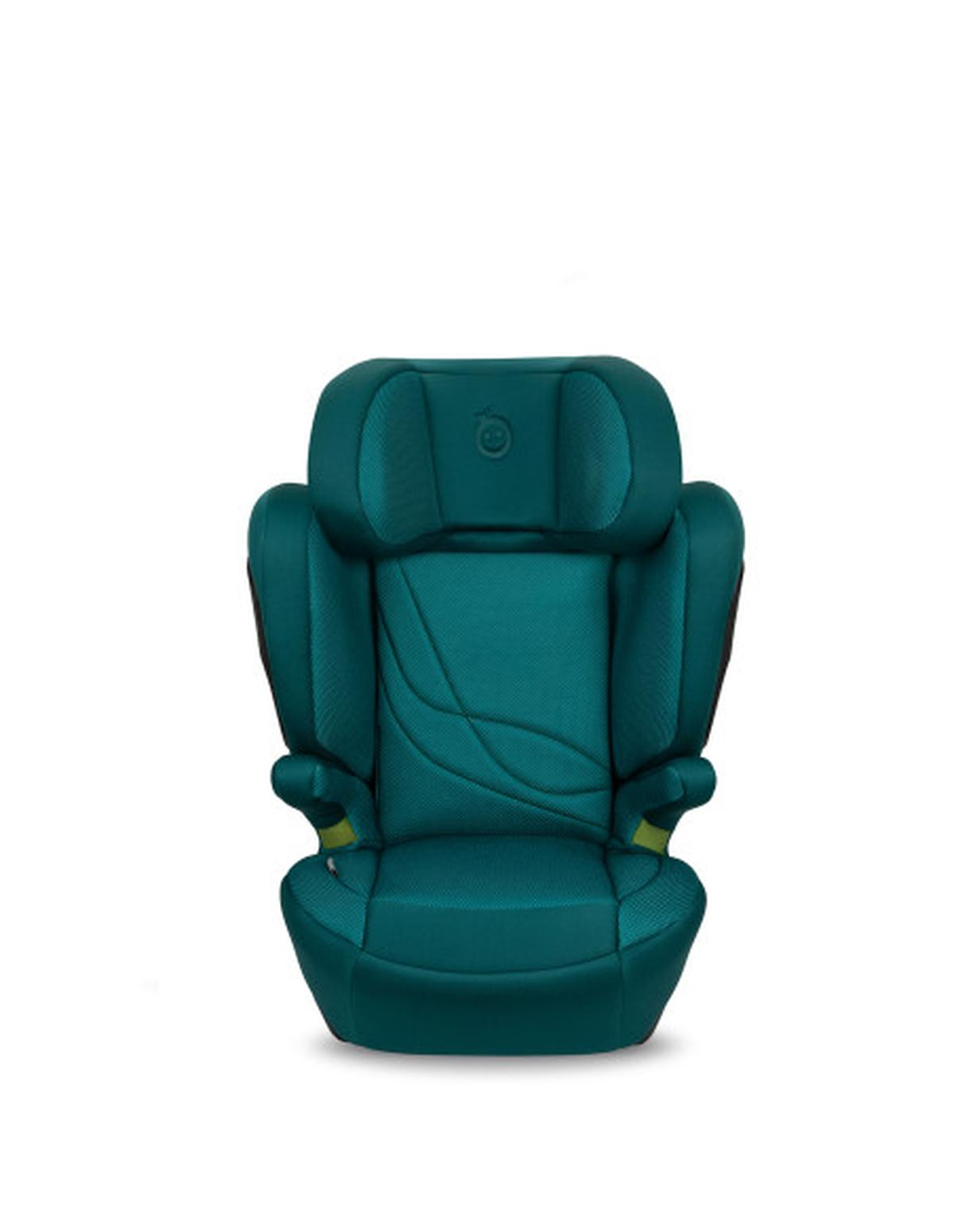 Silla de coche verde para niños con reposacabezas ajustable y protección contra impactos laterales.