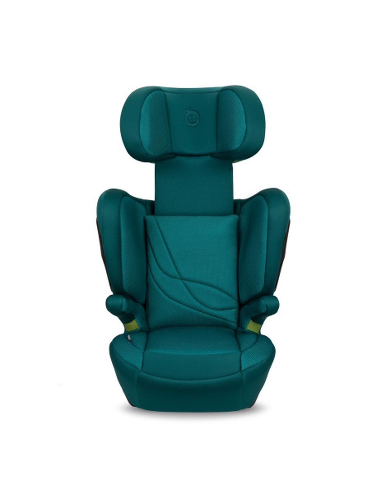 Silla de coche verde para niños con reposacabezas ajustable y protección contra impactos laterales. Vista frontal.