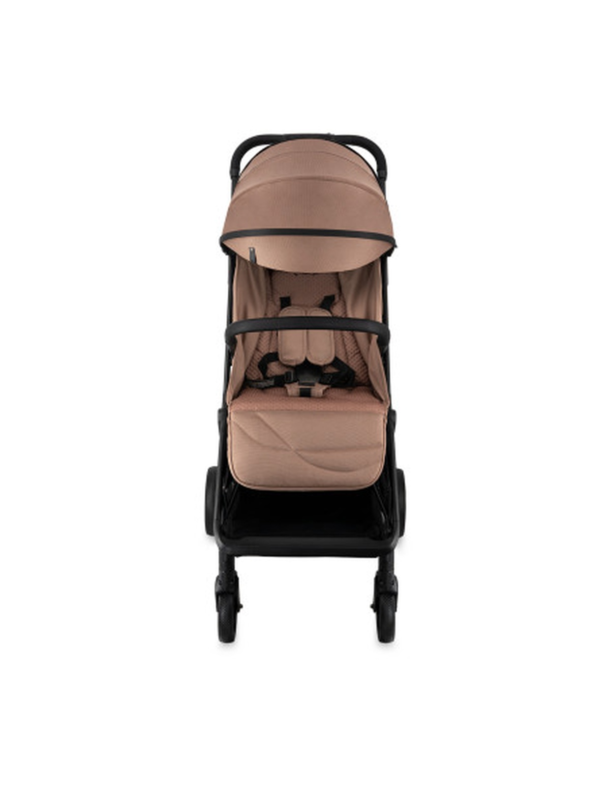 Beiger Kinderwagen mit schwarzem Rahmen, Sonnenschutz und Sicherheitsgurt. Vorderansicht.