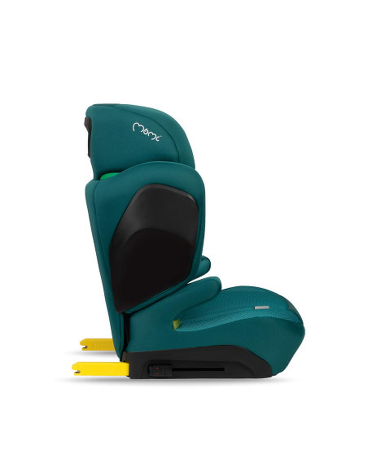 Asiento de coche para niños color verde azulado con base amarilla, vista lateral sobre blanco. El asiento tiene una zona acolchada oscura.