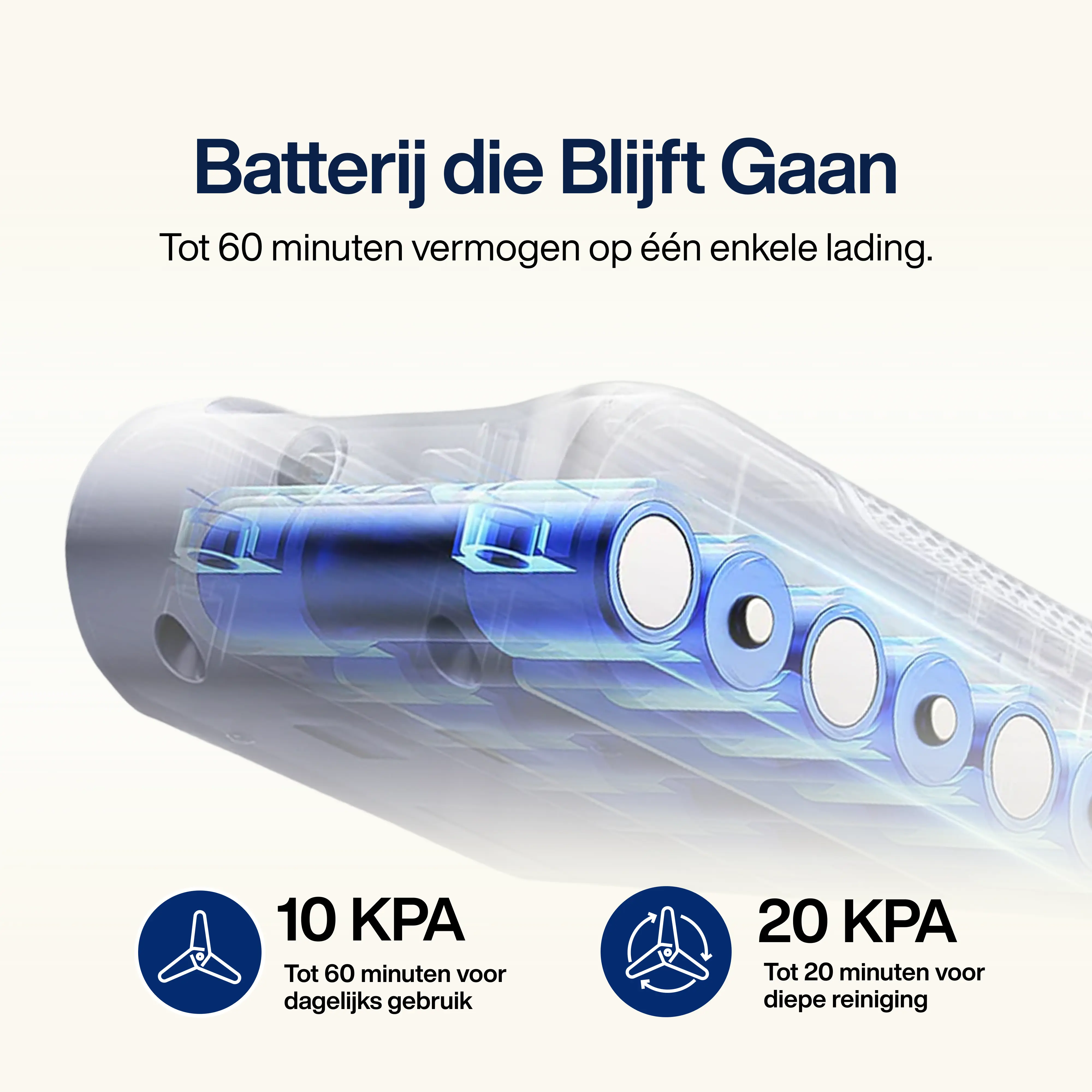 Image showing battery life of vacuum cleaner with battery graphic and text in Dutch.