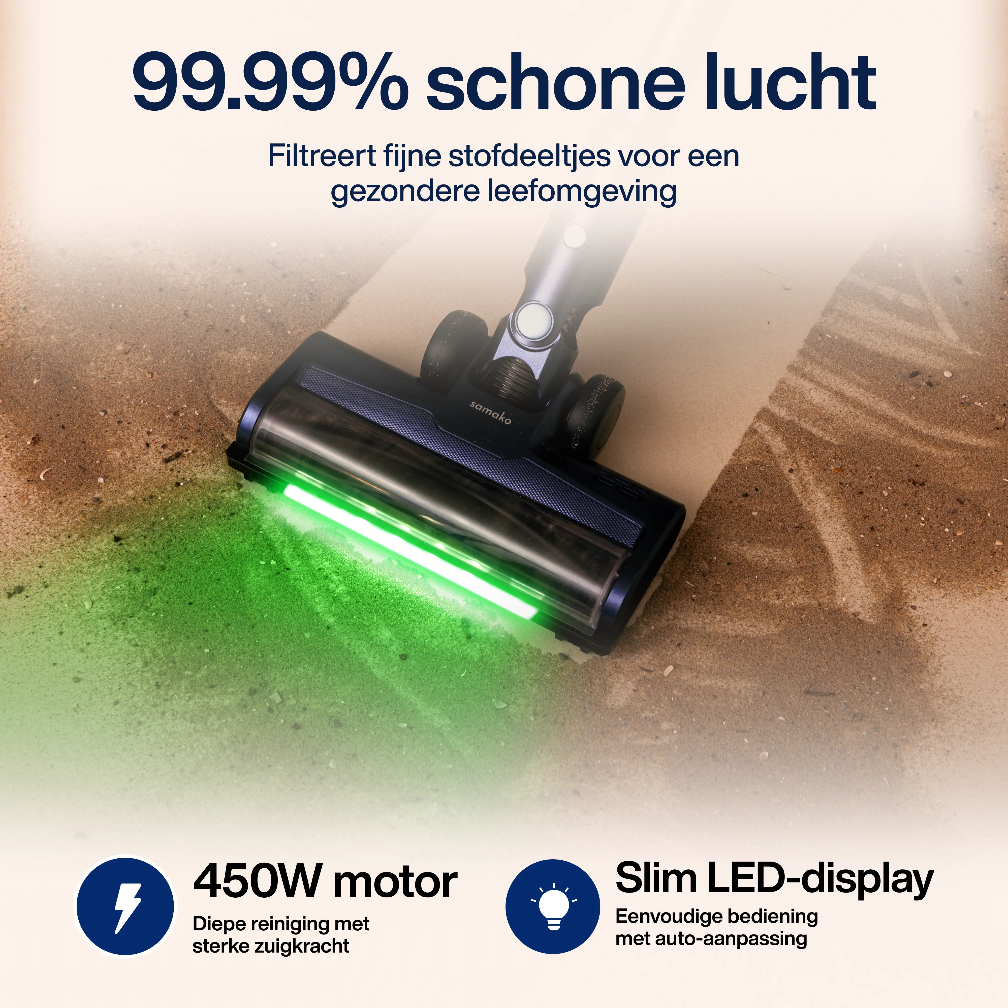 Image of vacuum cleaner head with green light on floor, with text in Dutch.