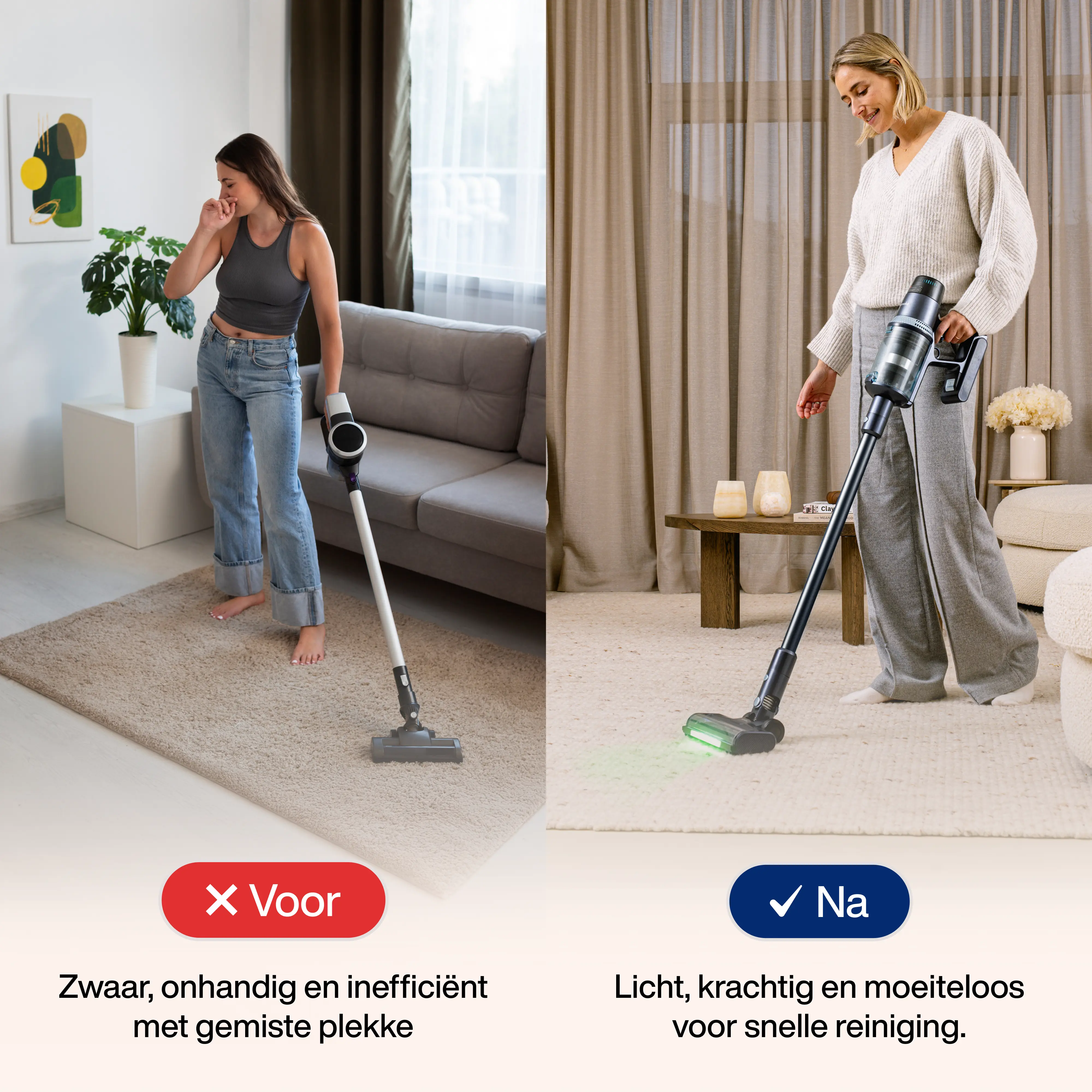 Split image showing women vacuuming with Dutch text comparing before and after.
