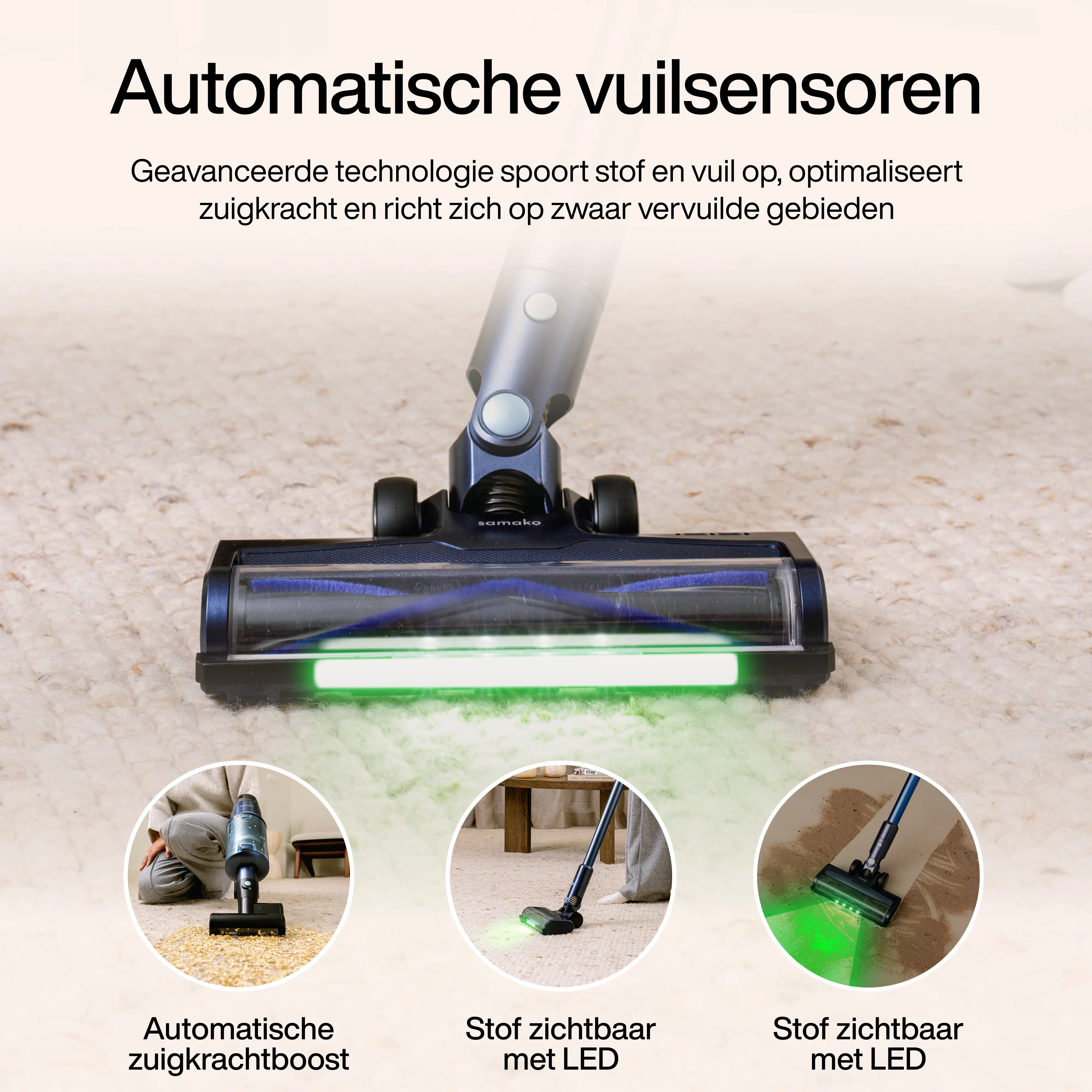 Vacuum cleaner head with LED, showing dirt detection on a carpet. Three circles show the same on other surfaces.