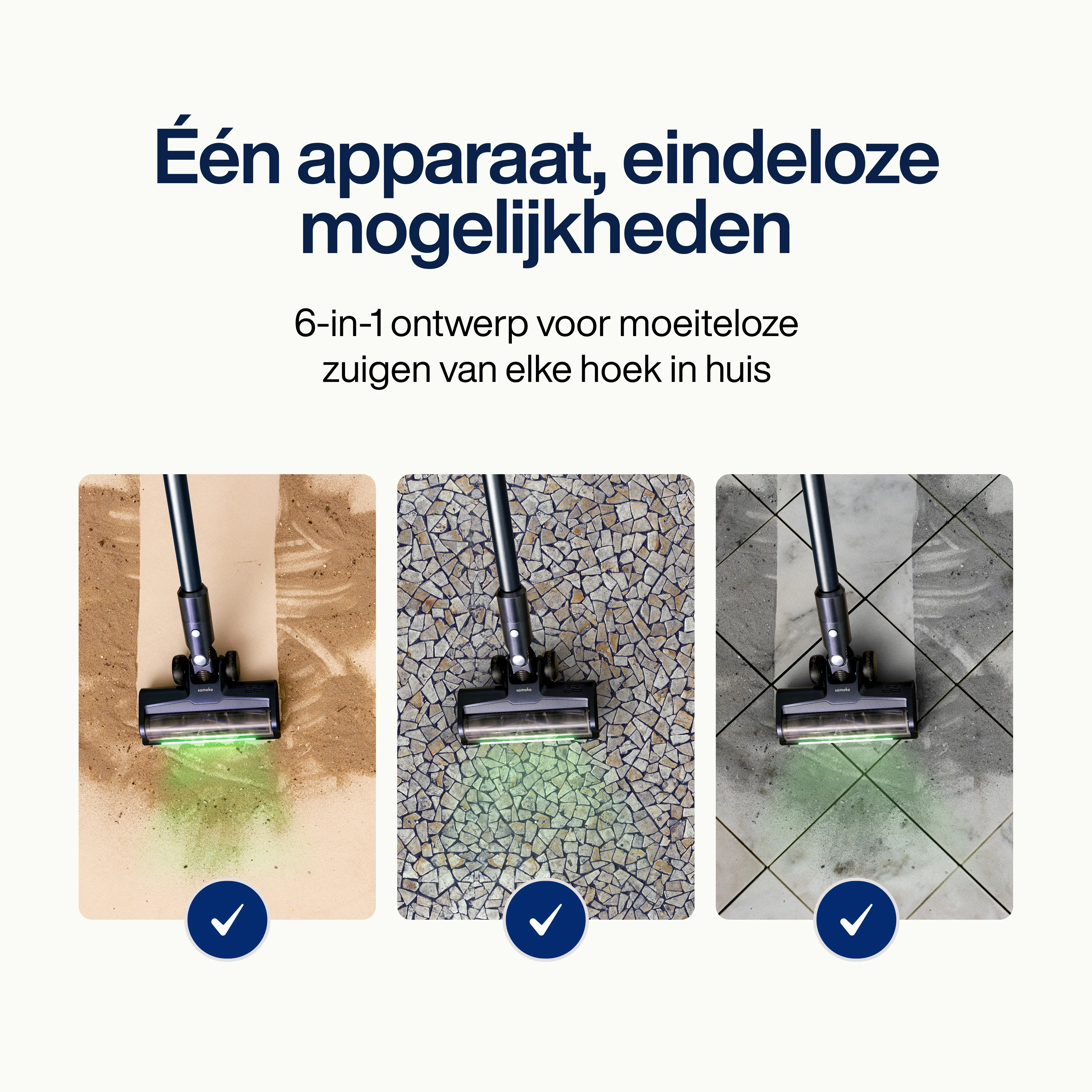 Vacuum cleaner with LED, showing dirt detection on three different surfaces: carpet, gravel and tiles.