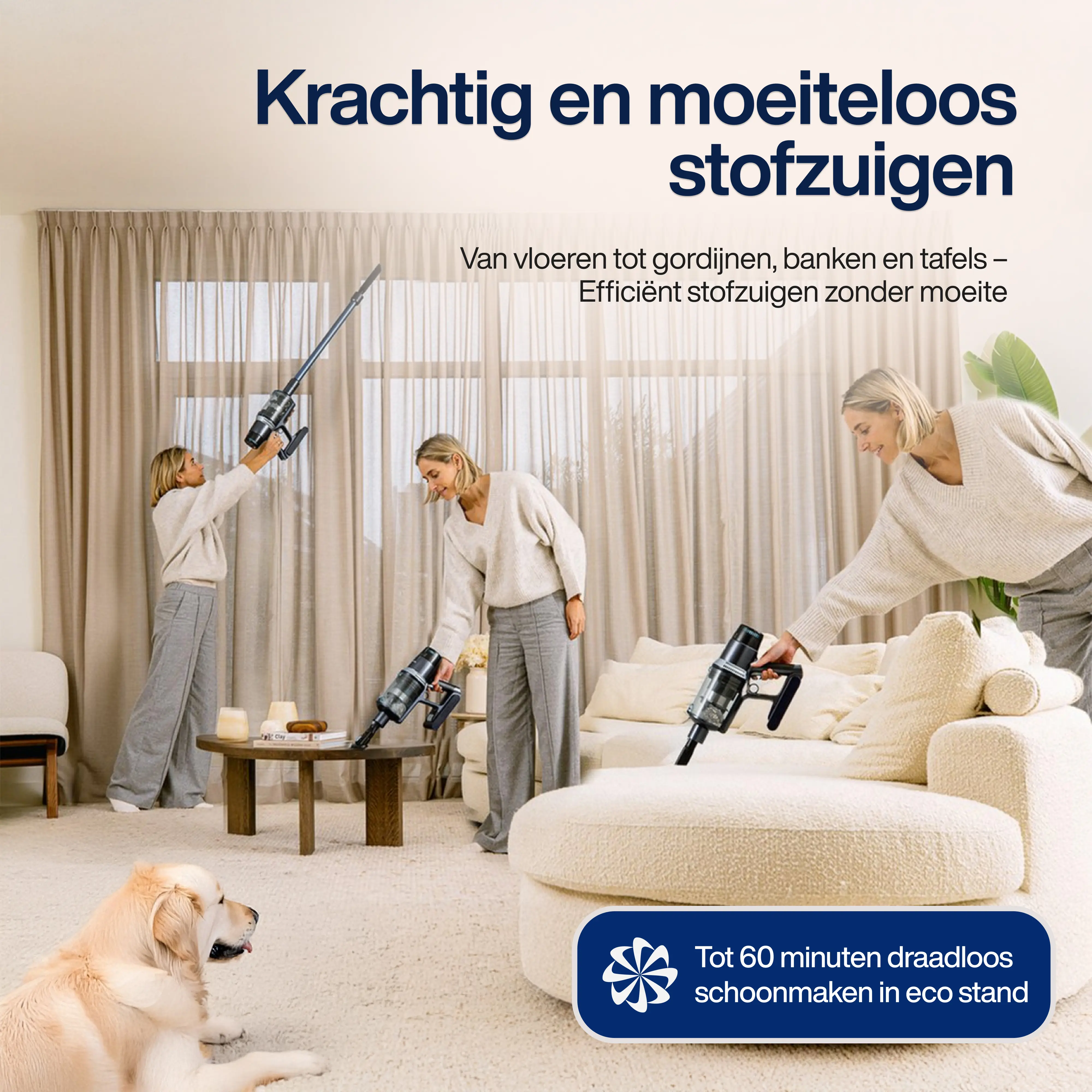 Three women using cordless vacuum cleaners in a living room with a dog lying on the carpet.
