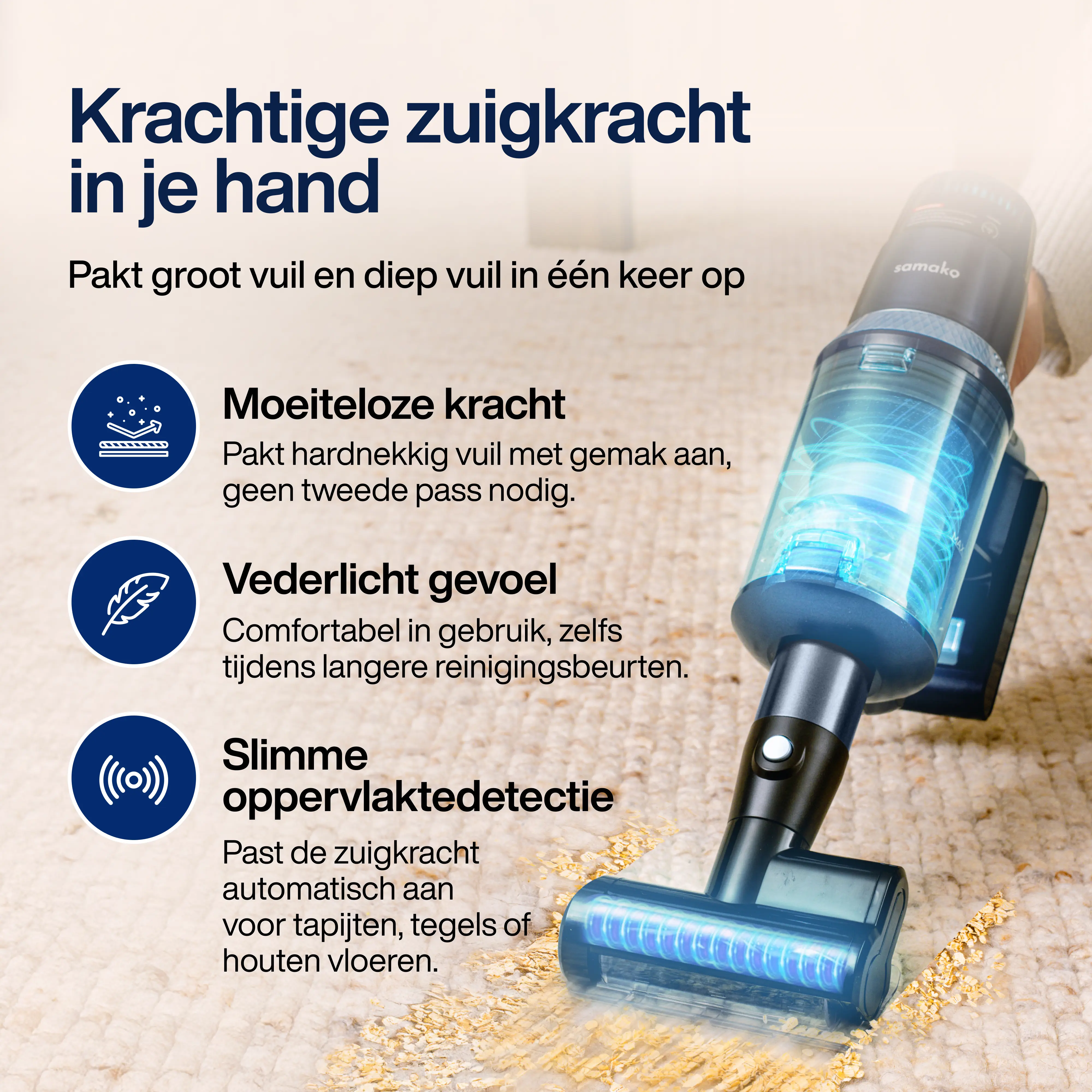 Close-up of a blue and gray cordless vacuum cleaner with cleaning features highlighted with text and icons.