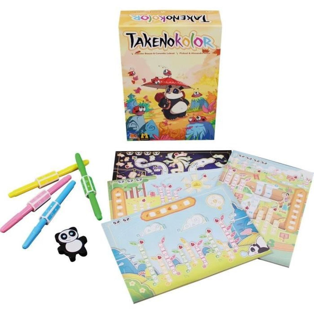 Takenokolor-Spielbox, Spielbretter und Marker. Die Box zeigt einen Panda und Marienkäfer in einem Bambusgarten.