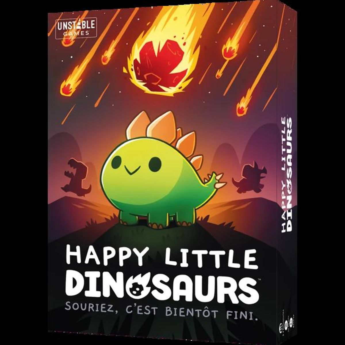 Spielbox "Happy Little Dinosaurs" mit einem grünen Dinosaurier und Meteoren im Hintergrund.