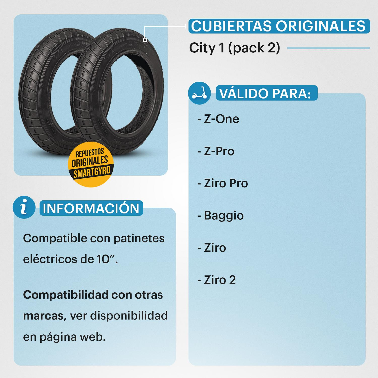 Dos neumáticos negros se muestran junto a un panel de texto que enumera modelos de scooter compatibles e información sobre Smartgyro.