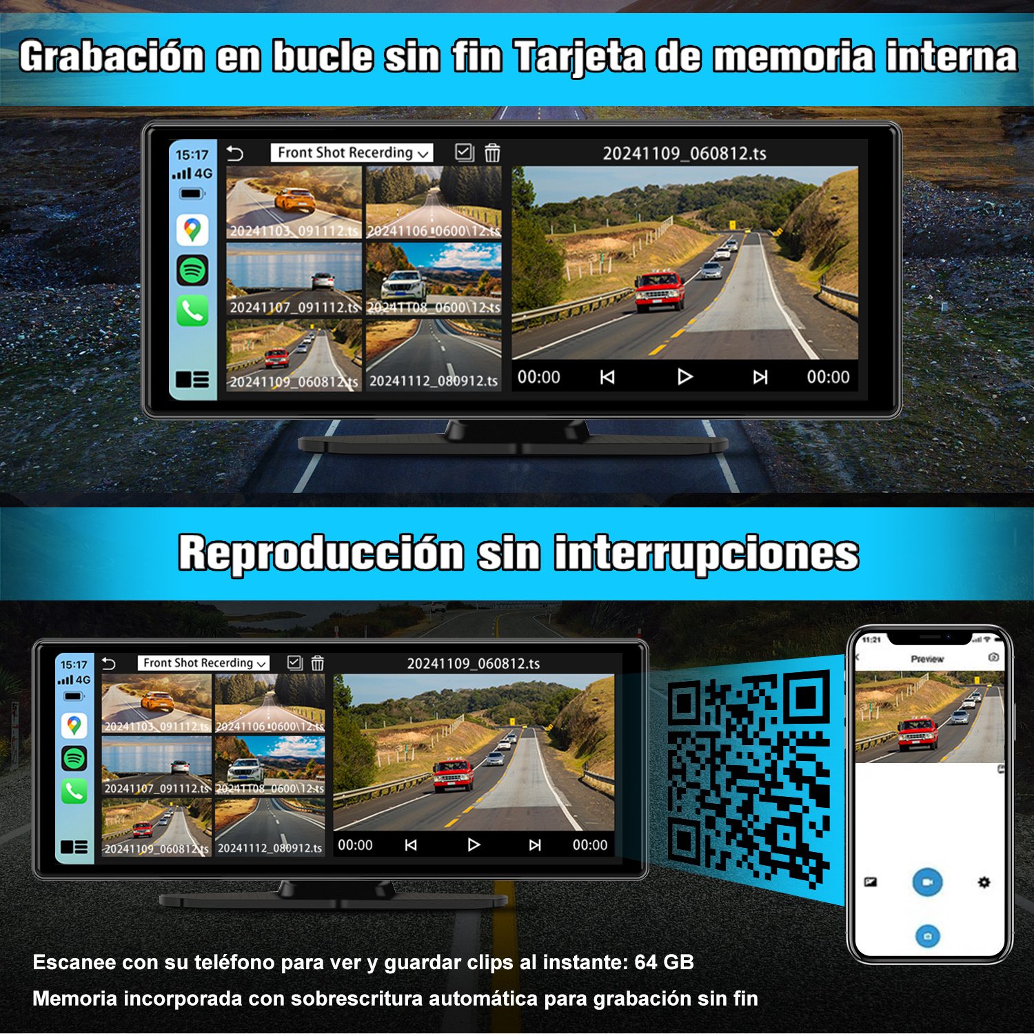 Tablero del coche con dos pantallas que muestran imágenes de conducción y un código QR que enlaza con las imágenes en un smartphone.
