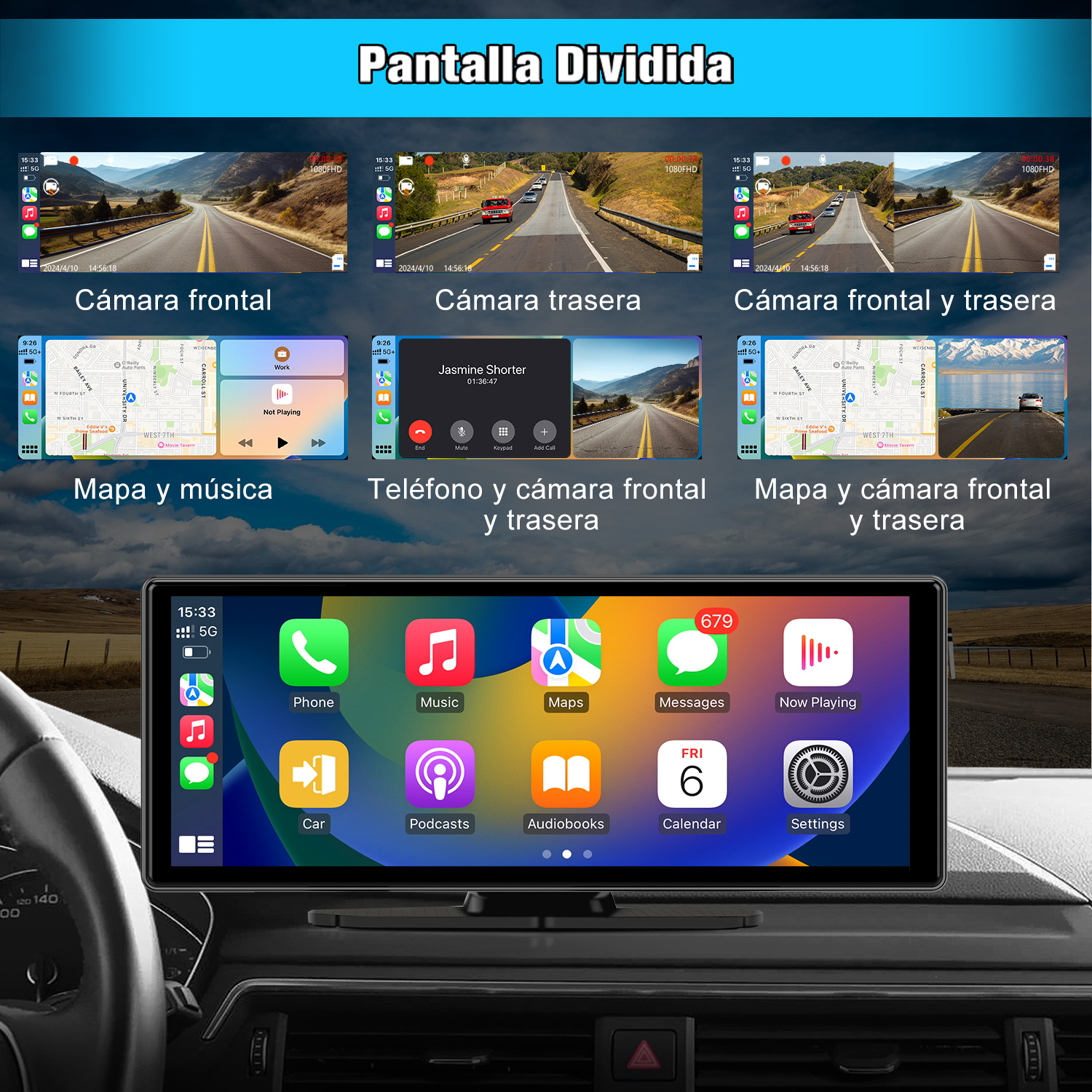 Una pantalla muestra aplicaciones de navegación, música, teléfono e iconos de configuración. El fondo muestra el salpicadero de un coche.