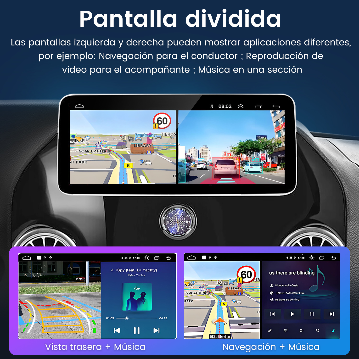 Tablero del coche con pantallas divididas que muestran la navegación GPS y aplicaciones de música, destacando la doble funcionalidad.