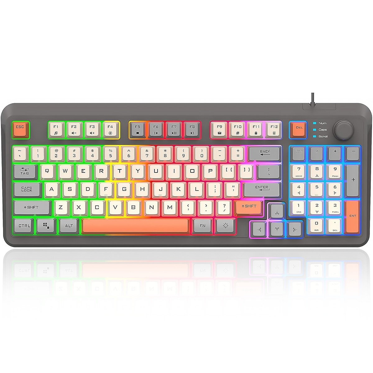 Eine Tastatur mit farbenfrohen, beleuchteten Tasten wird vor einem weißen Hintergrund mit einer glänzenden Reflexion angezeigt.