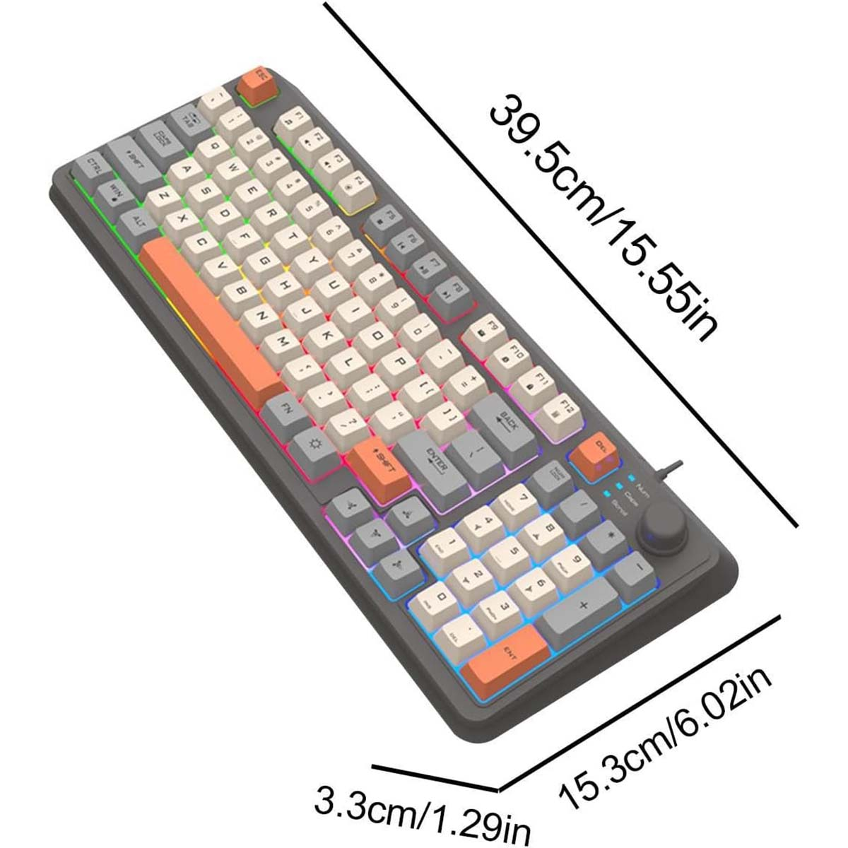 Eine schwarz-graue Tastatur mit orangefarbenen und weißen Tasten und LED-Lichtern.