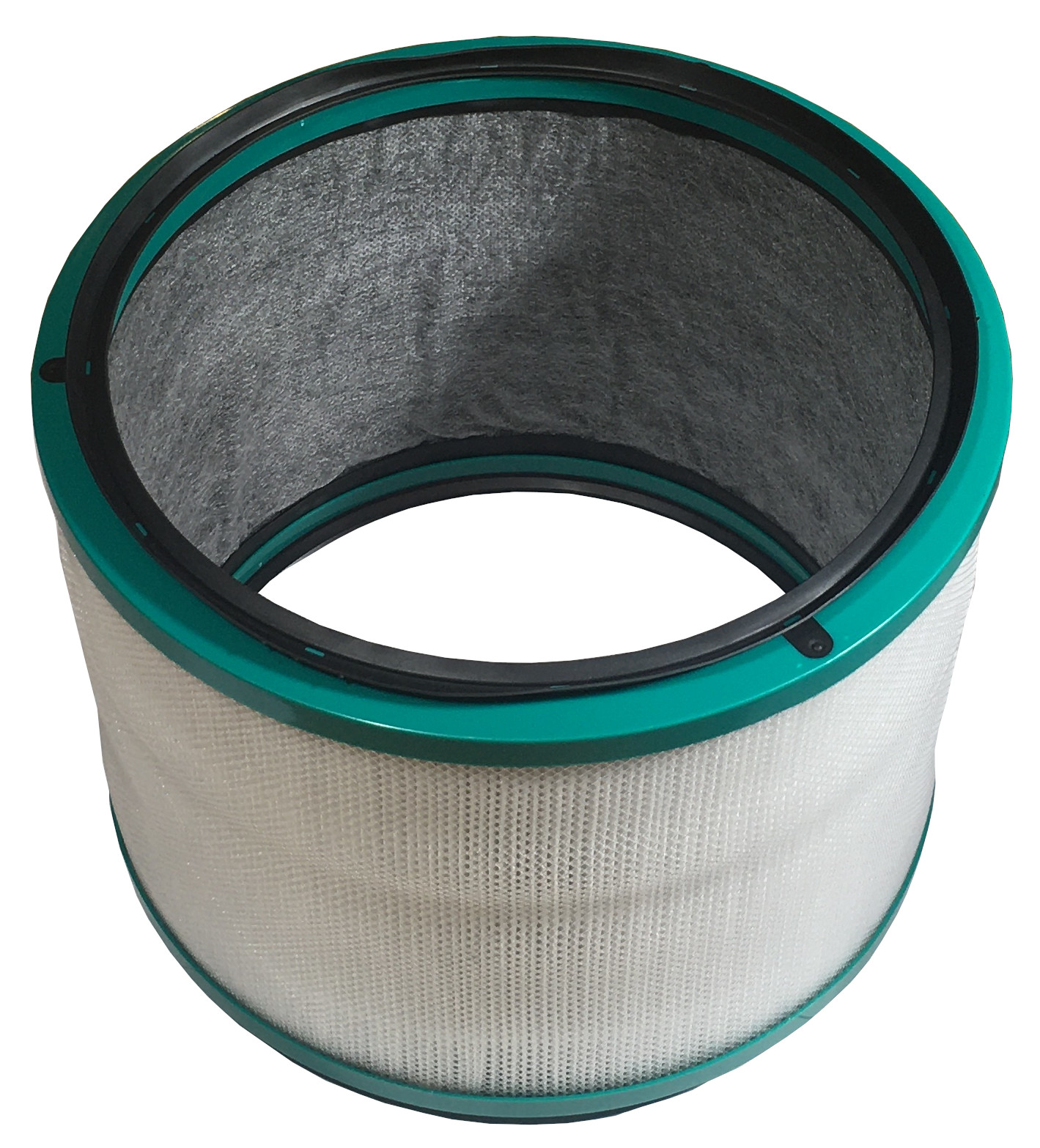 Ein Luftfilter mit grünem Rahmen und weißem Filtermaterial.
