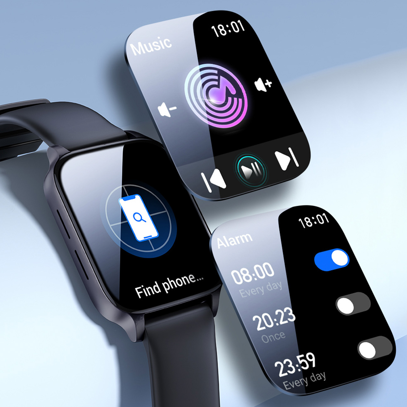 Drei Smartwatches zeigen verschiedene Funktionen an: Musik, Telefonsuche und Alarmeinstellungen auf blauem Hintergrund.