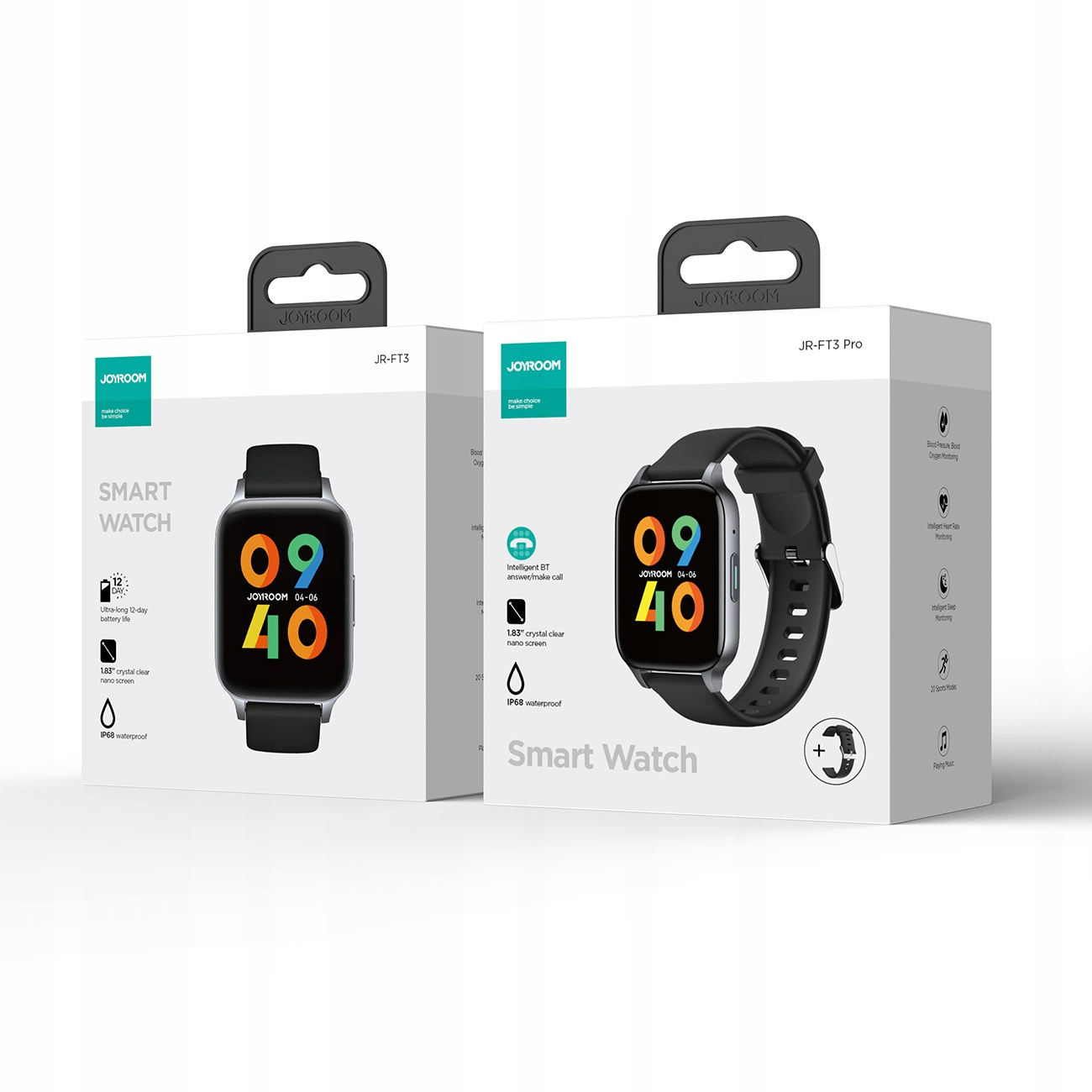 Zwei weiße Joyroom-Smartwatch-Boxen mit Griff zeigen auf ihrer Verpackung Zifferblätter.