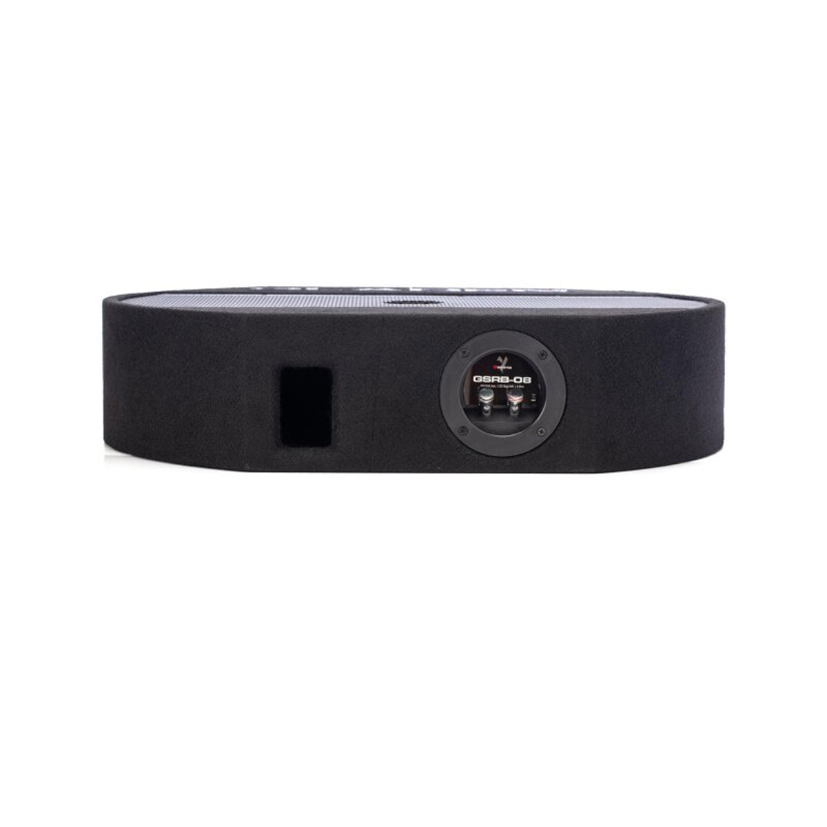 Eine schwarze, abgerundete Lautsprecherbox mit einem Mesh-Gitter und goldenen Anschlüssen auf einem weißen Hintergrund.