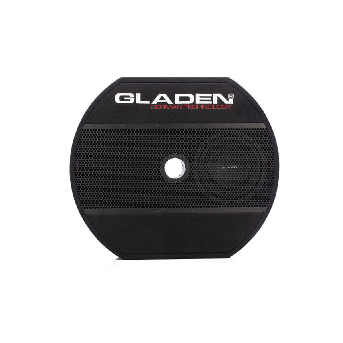 Ein schwarzer, abgerundeter Lautsprecher mit einem Mesh-Gitter und dem Text „GLADEN GERMAN TECHNOLOGY“ oben.