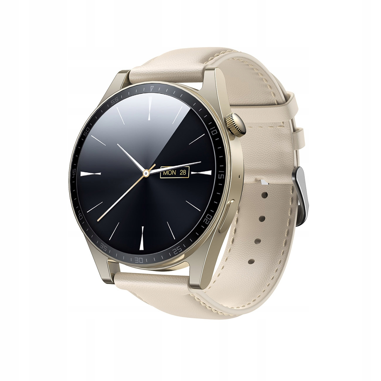 Eine goldene Smartwatch mit cremefarbenem Armband zeigt MON 28 auf einem schwarzen Bildschirm, isoliert auf Weiß.
