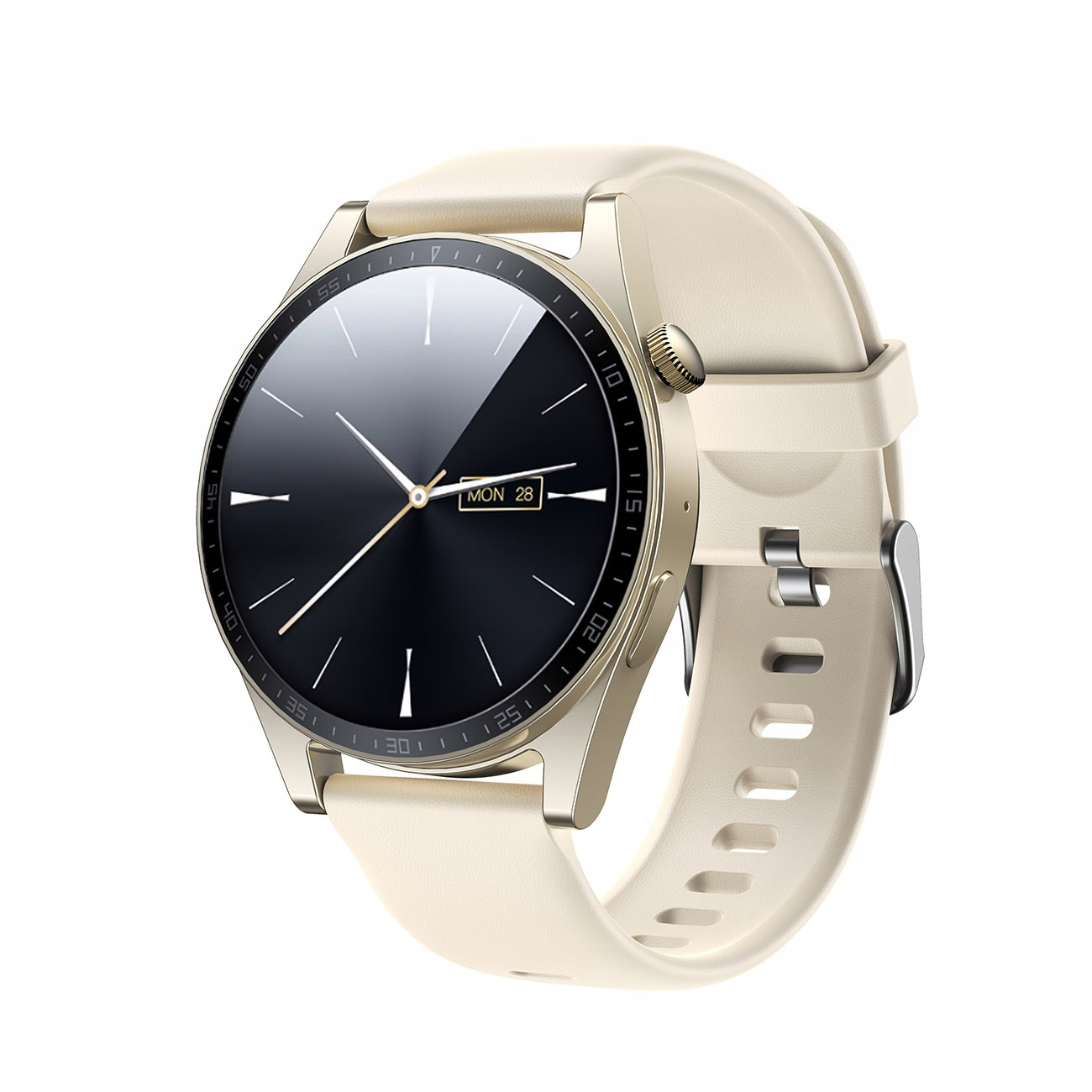 Eine goldene Smartwatch mit cremefarbenem Armband zeigt MON 28 auf einem schwarzen Bildschirm, isoliert auf Weiß.