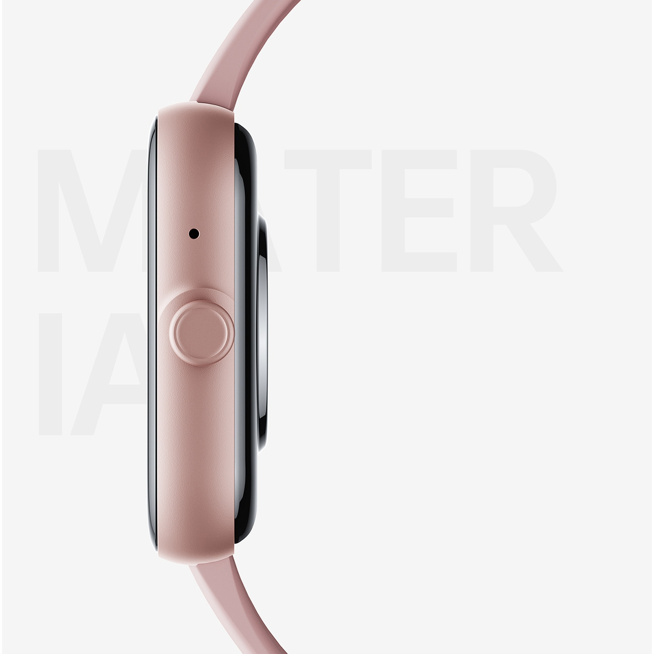 Widok z boku różowo-złotego smartwatcha pokazuje jego smukły profil na rozmytym białym tle.