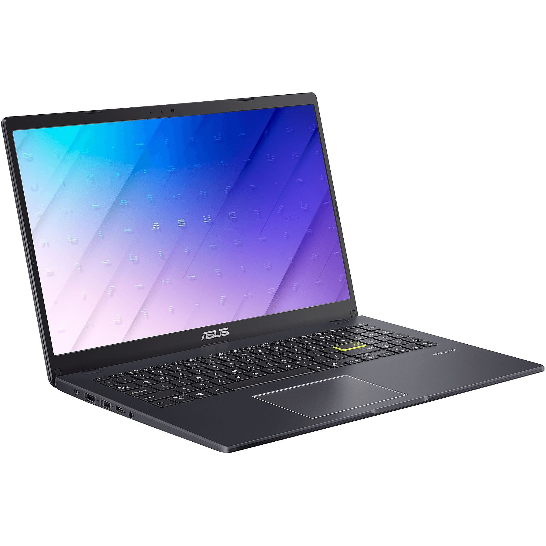 Un laptop ASUS grigio scuro è leggermente aperto, mostrando uno schermo colorato e una tastiera su sfondo bianco.