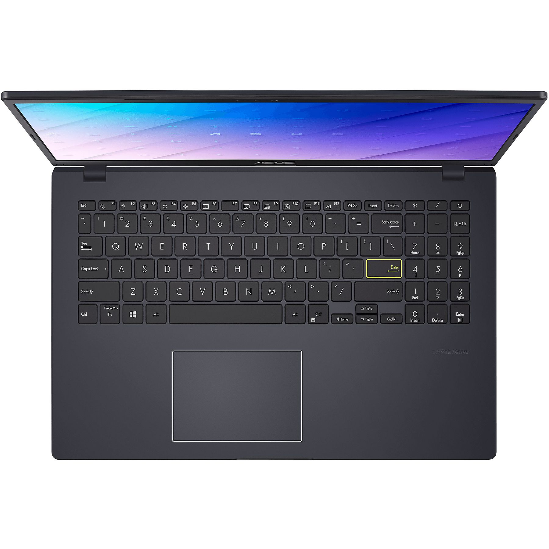 Ripresa dall'alto di un laptop ASUS grigio scuro aperto che mostra tastiera e schermo su uno sfondo bianco.