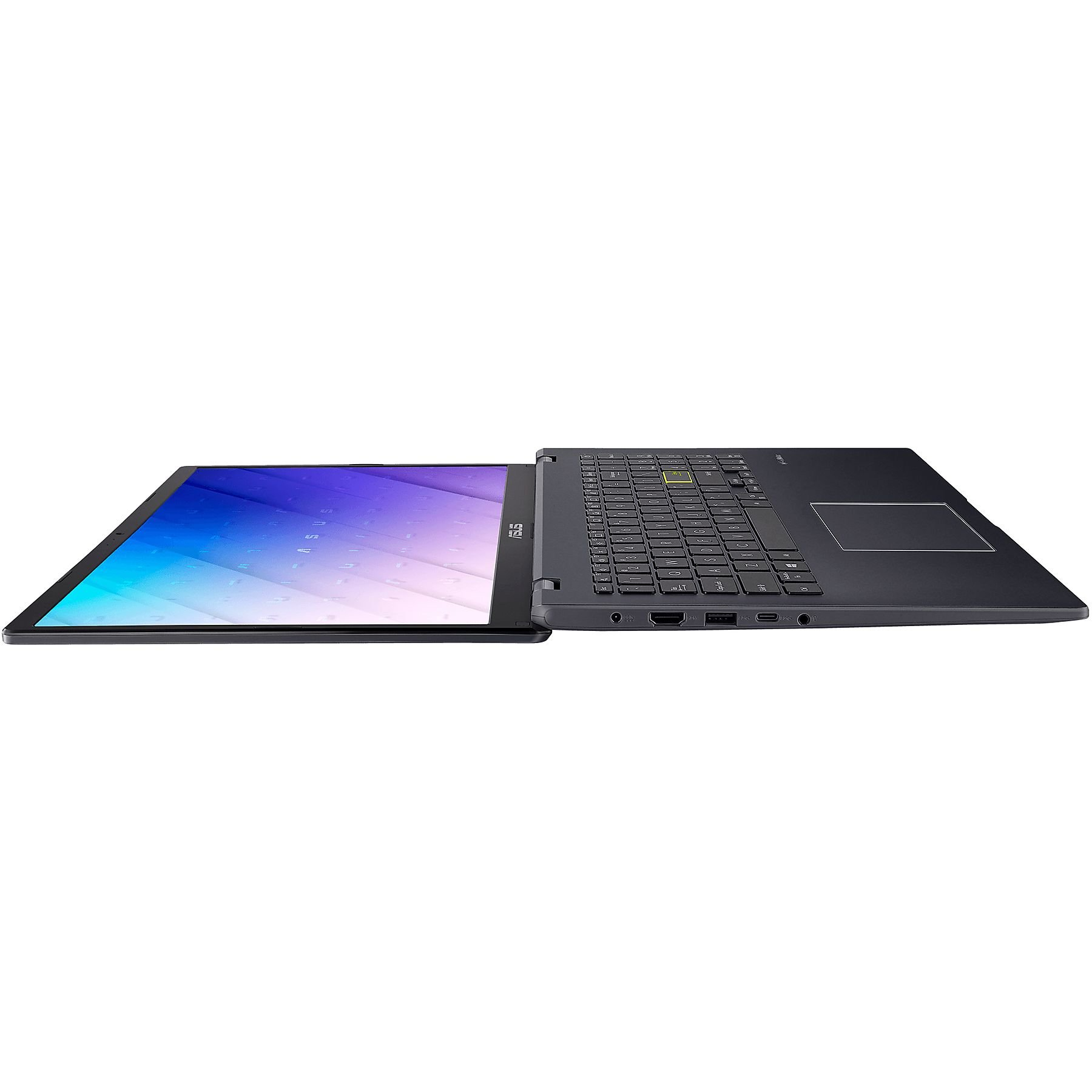 Laptop aperto con schermo blu. La tastiera è visibile e il laptop è su uno sfondo bianco.