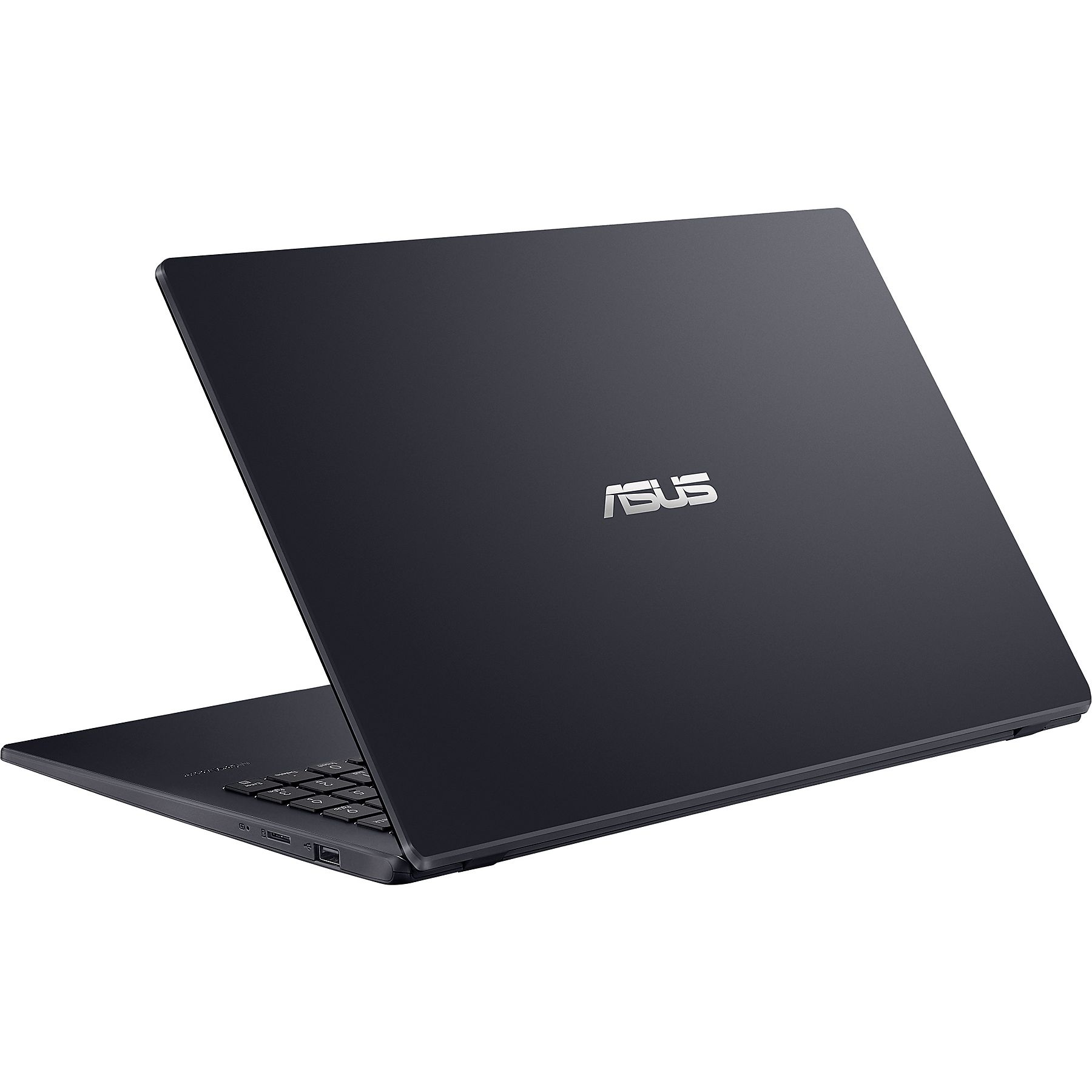 Un laptop scuro con il logo ASUS sul coperchio superiore, visto dal retro con una leggera angolazione.