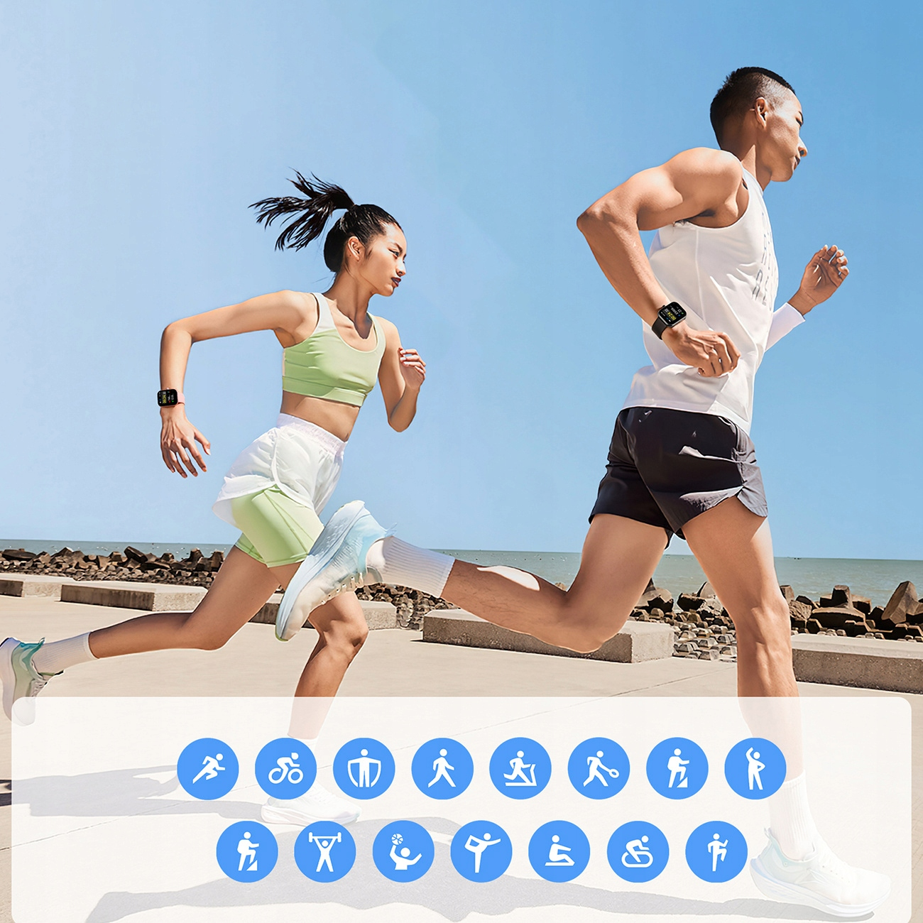 Dwie osoby biegające na zewnątrz w smartwatchach. Ikony na dole przedstawiają różne aktywności sportowe.