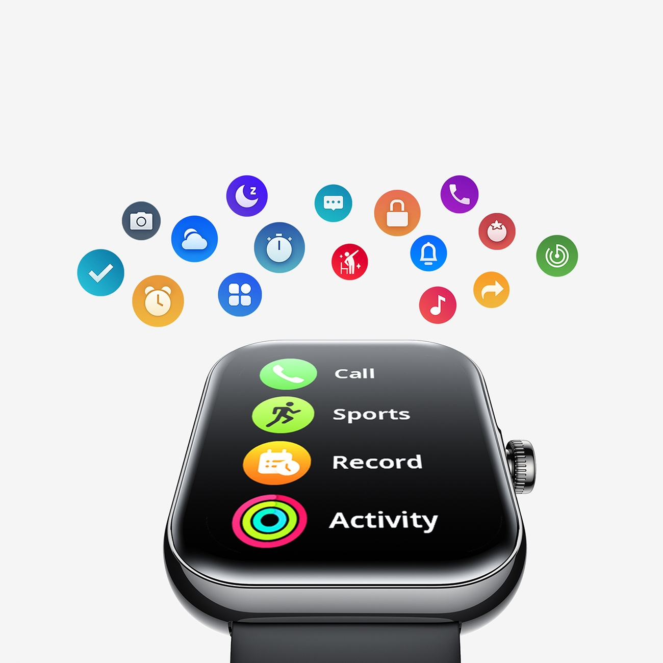 Zbliżenie smartwatcha wyświetlającego różne ikony aplikacji, w tym połączenia, sportu, nagrywania i aktywności.