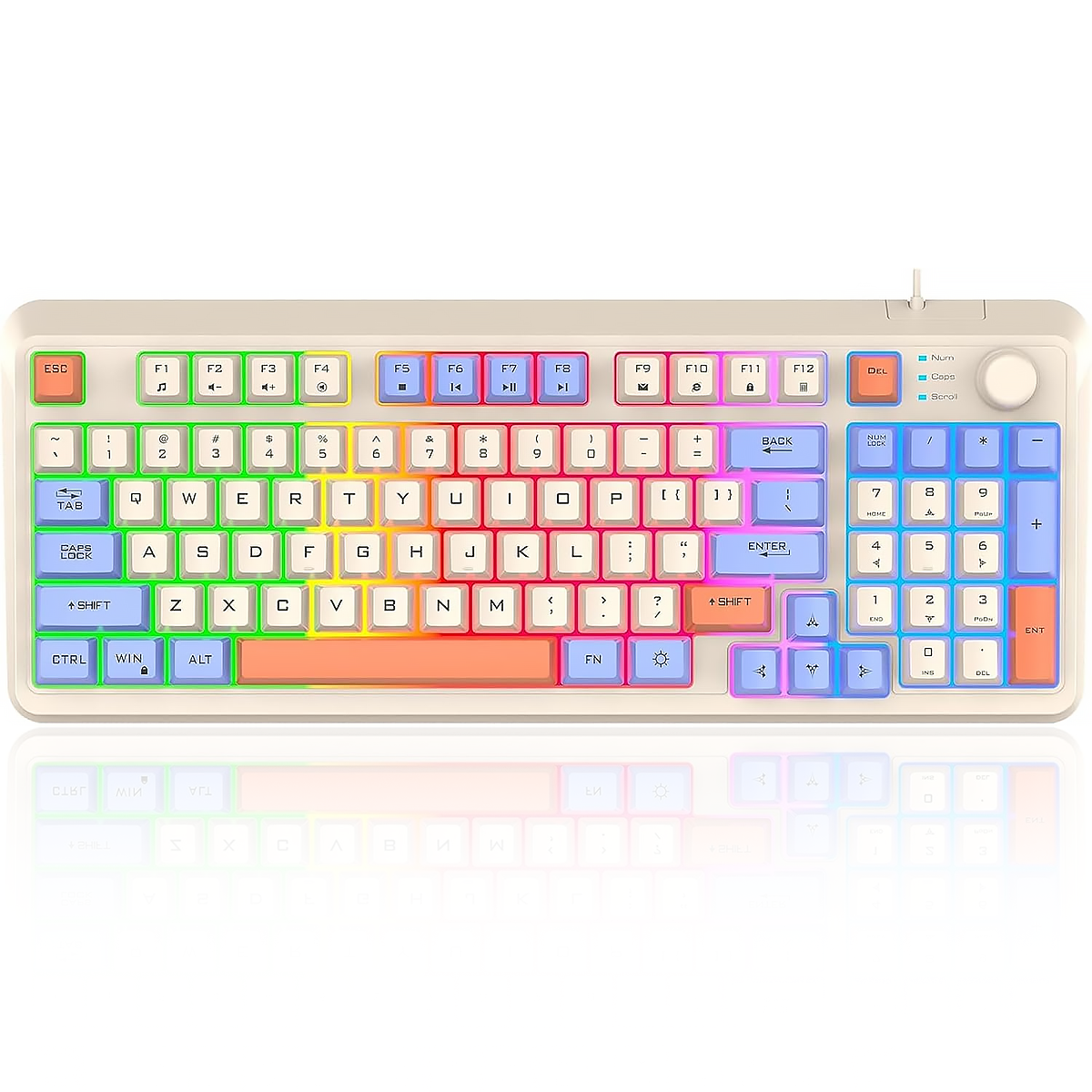 Eine weiße Computertastatur mit regenbogenfarbenen Tasten, die ein modernes Design zeigt.