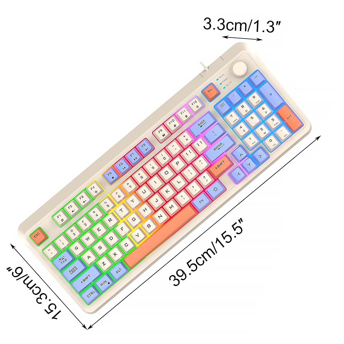 Eine weiße Computertastatur mit regenbogenfarbenen Tasten, mit beschrifteten Abmessungen, die ihre Größe zeigen.